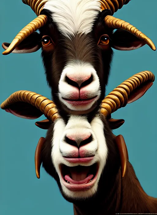 Image similar to anthropomorphic portrait of will smith as a goat, au naturel, hyper detailed, digital art, trending in artstation, cinematic lighting, studio quality, smooth render, unreal engine 5 rendered, octane rendered, art style by klimt and nixeu and ian sprigger and wlop and krenz cushart