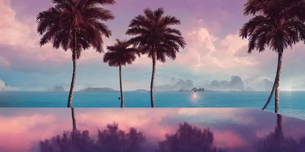 Image similar to artgem and Beeple masterpiece, hyperrealistic surrealism, sunset, award winning masterpiece with incredible details, epic stunning, infinity pool, a surreal liminal space, highly detailed, trending on ArtStation, calming, meditative, pink arches, palm trees, surreal, sharp details, dreamscape, giant gold head statue ruins, crystal clear water