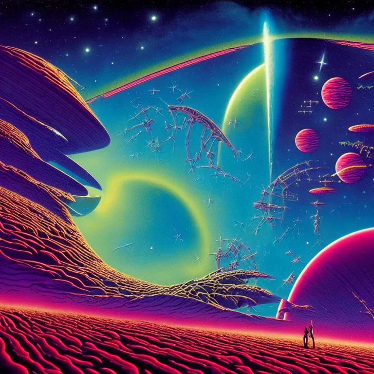 Image similar to mysterious edge of interstellar space, synthwave, bright neon colors, highly detailed, cinematic, tim white, philippe druillet, roger dean, ernst haeckel, lisa frank, vladimir kush, michael whelan, kubrick, kimura, isono