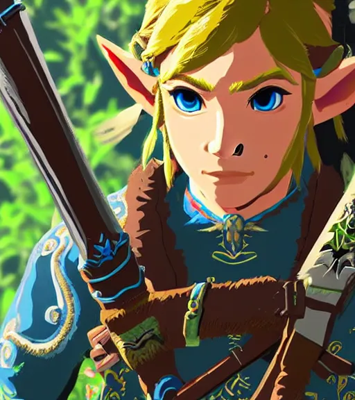 Image similar to highly detailed portrait zelda link breath of the wild, warcraft style, lord of the ring style, 4 k, unreal engine, detailed and intricate environment
