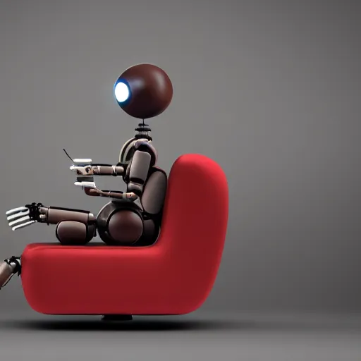 Image similar to futuristic lonely matte brown and red full-body humanoid robot with two huge round expressive sad LED eyes and open rectangular mouth sitting on a large comfortable cushioned 1950s vintage recliner reading a newspaper. open newspaper. Cinematic Movie Photograph, Arri Alexa, Extremely Detailed, smooth, very very clean, 8K, octane render, maya render, unreal engine, trending on artstation, DSLR, excellent composition, center frame