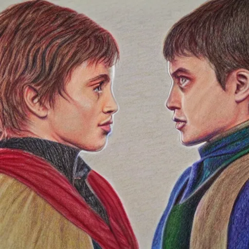 Image similar to coloured pencil drawing of charachters from harry potter looking at each other, trending