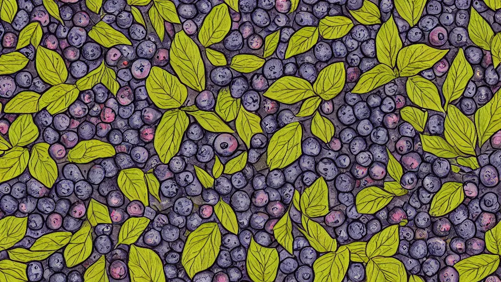 Image similar to artistic medium close-up knee height horizontal stylized digital drawing of bushes with blueberries in a forest. Digital art. Rustic. Nordic. 4K. Trending on artstation. Leafy. Extremely detailed. Nature. Artistic. Wild.