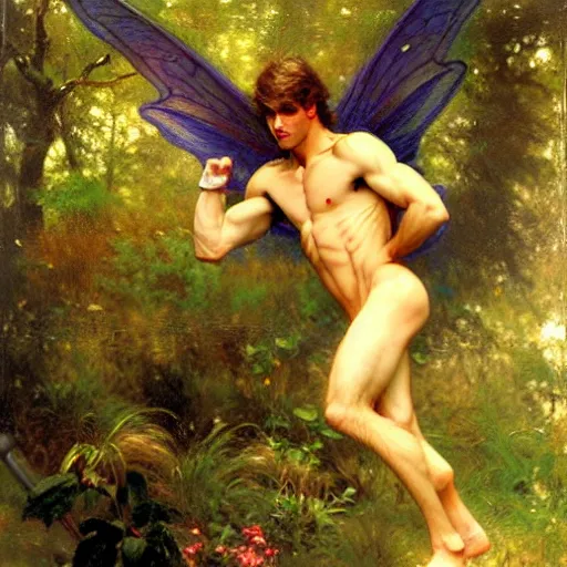 Image similar to attractive male fairy with wings in the forest, posing. highly detailed painting by gaston bussiere, craig mullins, j. c. leyendecker, 8 k