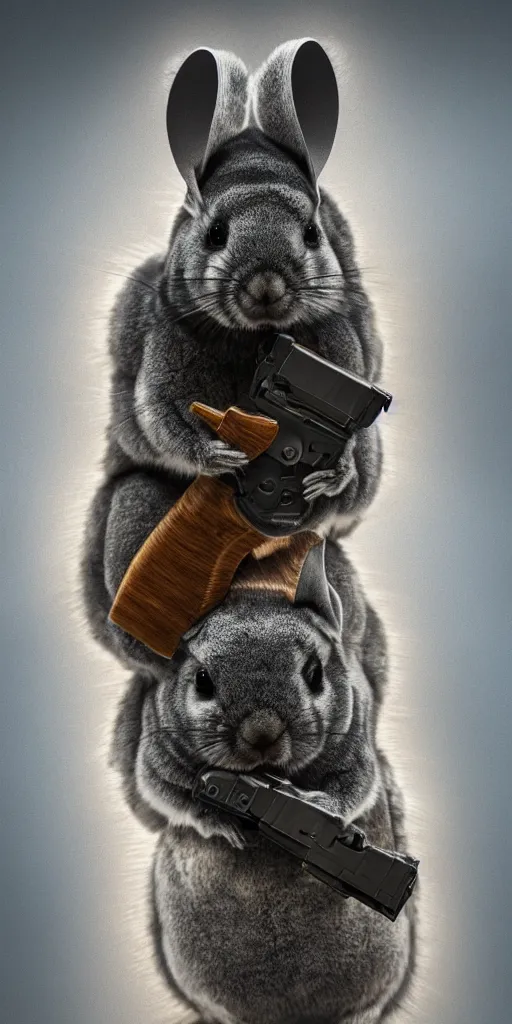 Image similar to cinematic shot chinchilla holding a pistol, hyper realistic, mood lighting, fantasy, detailed face, highly detailed, super realistic, perfect lighting pixel sorting