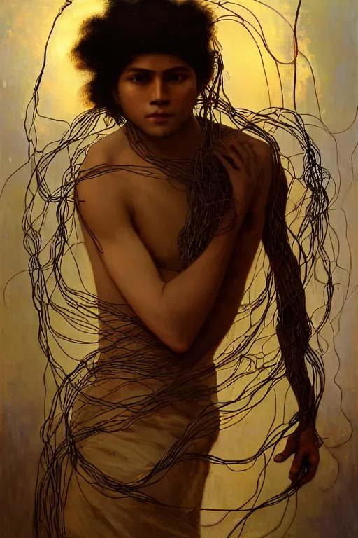 Image similar to hyperrealist portrait of indian elijah zu bailey, it is decorated with long wires that fall like vines and wears small computers over their body. by jeremy mann and alphonse mucha, fantasy art, photo realistic, dynamic lighting, artstation, poster, volumetric lighting, very detailed faces, 4 k, award winning