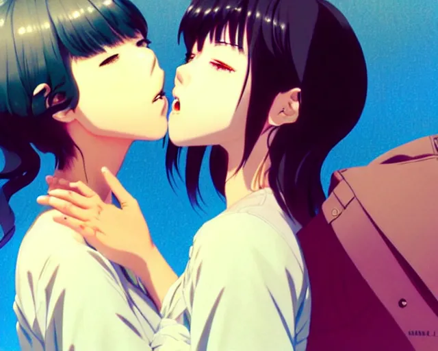 Image similar to two girls kissing | very very anime!!!, fine - face, audrey plaza, realistic shaded perfect face, fine details. anime. realistic shaded lighting poster by ilya kuvshinov katsuhiro otomo ghost - in - the - shell, magali villeneuve, artgerm, jeremy lipkin and michael garmash and rob rey