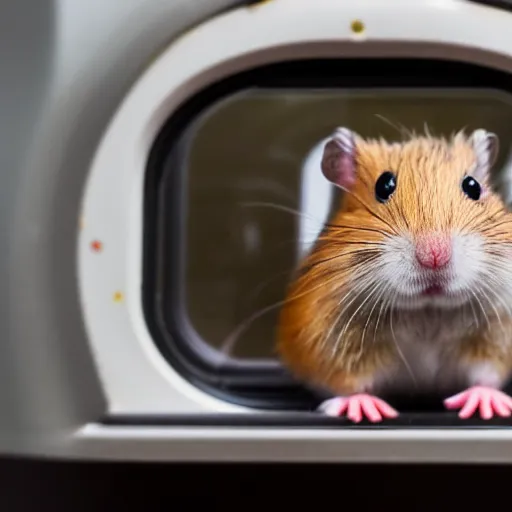 Image similar to detailed photo of a hamster sitting in a train, various poses, full body, unedited, daylight, dof, sharp focus, 8 k