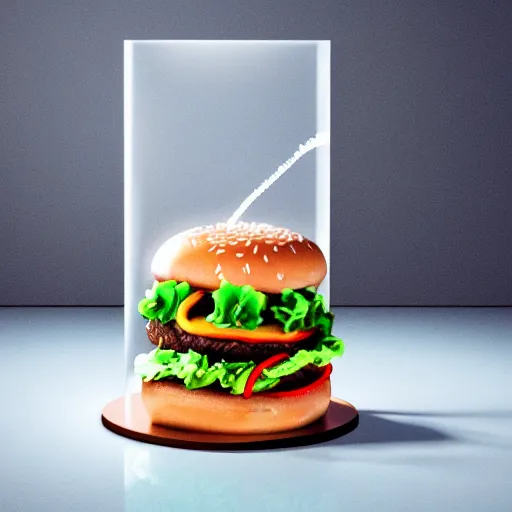 Prompt: a clear ice sculpture of a burger, 4 k