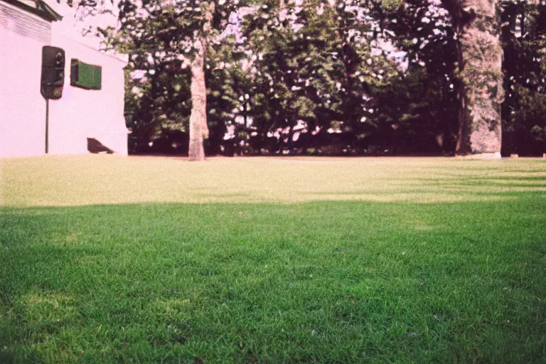 Prompt: film color photography, long view of square hand mirror lies at the green lawn, no focus, 35mm