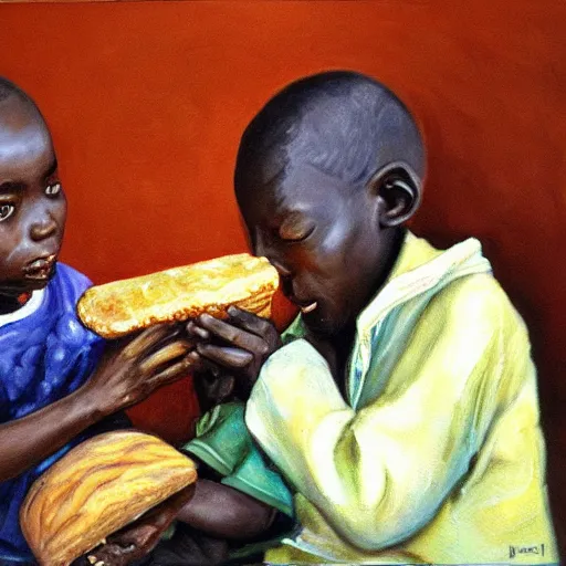 Image similar to oil painting of a malnourished ugandan boy sharing bread with a blond well fed child american, by julia pott