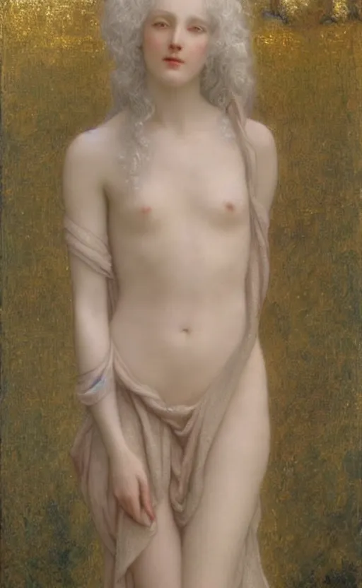 Image similar to Say who is this with silver hair so pale and Wan! and thin? beautiful lone single feminine!! angel, Venus Aphrodite, in the style of Jean Delville, Lucien Lévy-Dhurmer, Fernand Keller, Fernand Khnopff, oil on canvas, 1896, 4K resolution, aesthetic, mystery