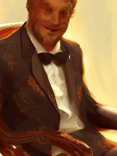 Image similar to a rich man smirking. relaxed in his chair with crossed arms. intricate, elegant, highly detailed, digital painting, artstation, concept art, sharp focus, illustration, by justin gerard and artgerm, 8 k