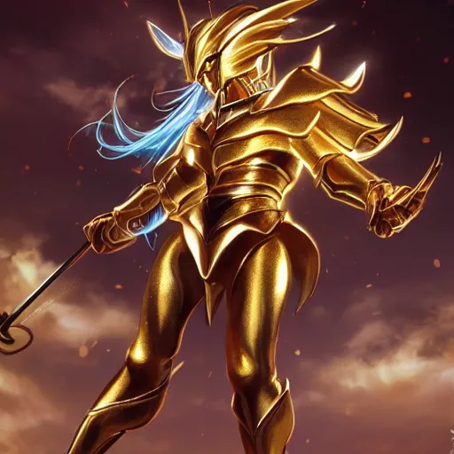 Image similar to A golden zodiac knight from saint Seiya using the holy Pikachu golden armor, ears and thunder tail by Stanley Artgerm Lau, WLOP, Rossdraws, ArtStation, CGSociety, concept art, cgsociety, octane render, trending on artstation, artstationHD, artstationHQ, unreal engine, 4k, 8k,