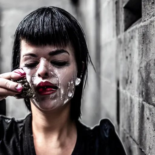 Image similar to close up photo of a fully clothed punk woman on her knees with yoghurt dripping from her face in an alley