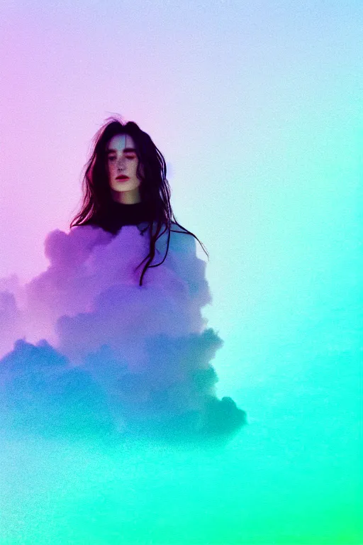 Prompt: high quality pastel coloured film close up wide angle photograph of a model wearing clothing resting on cloud furniture in a icelandic black rock environment in a partially haze filled dreamstate world. three point light, rainbow. photographic production. art directed. pastel colours. volumetric clouds. pastel gradient overlay. waves glitch artefacts. extreme facial clarity. 8 k. filmic.