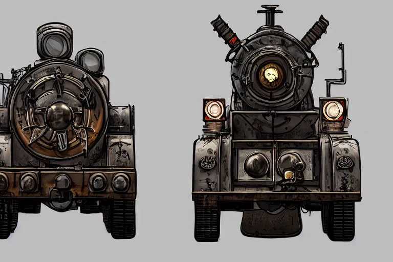 Prompt: hellfire thomas the tank, mad max, in the style of hannes bok and doug chiang and vernon grant, trending on artstation, back lighting rear view steampunk, blueprint, muted colors, gothic, tachisme
