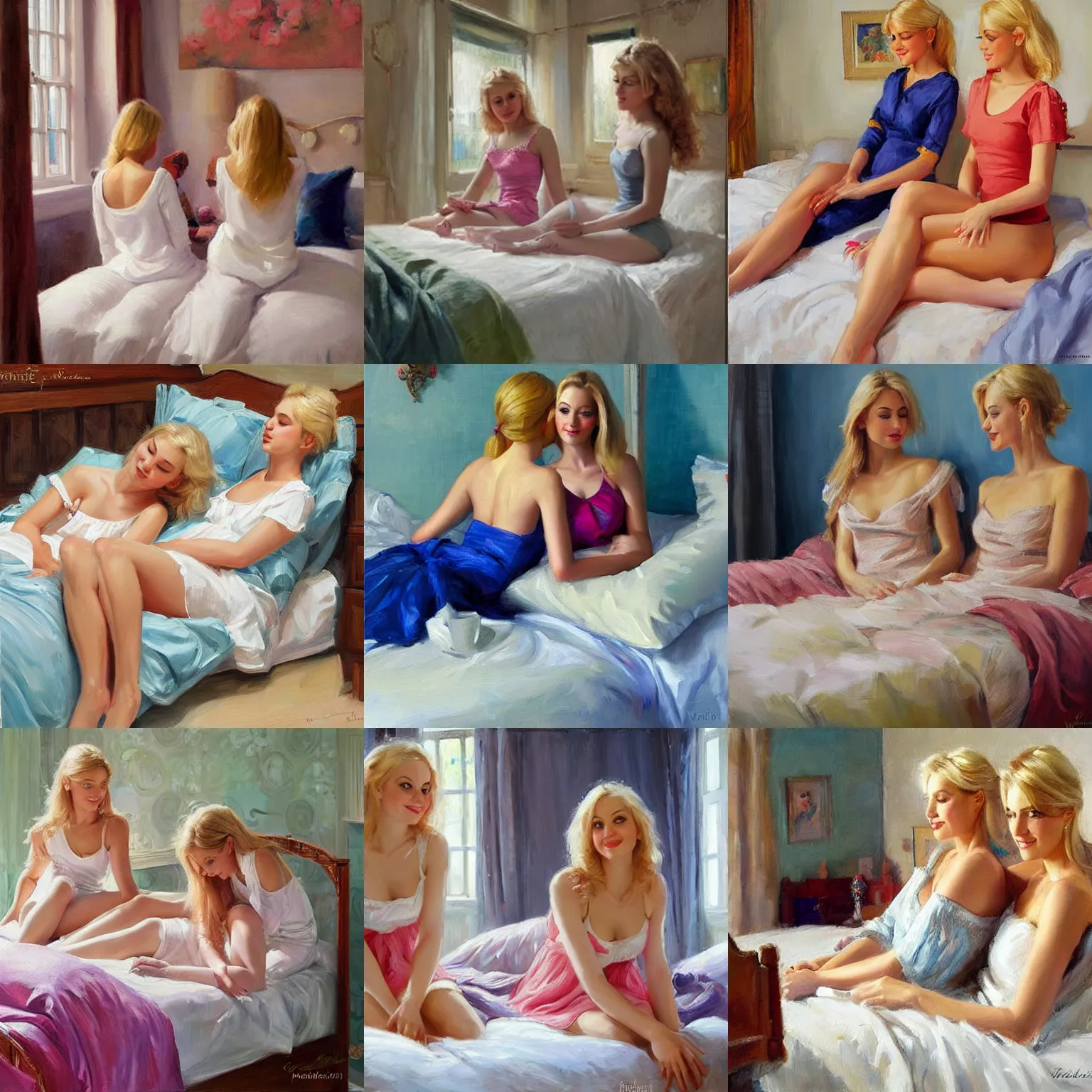 Prompt: two blonde women twins in the bedroom, painting by Vladimir Volegov