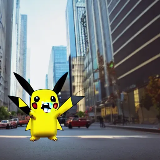 Prompt: a cute pokemon in the middle of a busy street with skyscrapers, low angle camera, cinematic, very detailed, 4 k, depth of field