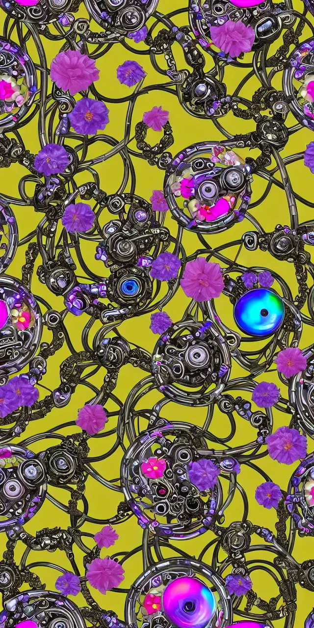 Image similar to seamless pattern of beautiful cybernetic robotic angel with colorful flowers bvlgari jewelry and cables arranged in a baroque damask pattern, subsurface scattering, rainbow liquids, inside organic robotic tubes and parts, black background, symmetrical composition + intricate details, hyperrealism, wet, reflections + by alfonse mucha, no blur