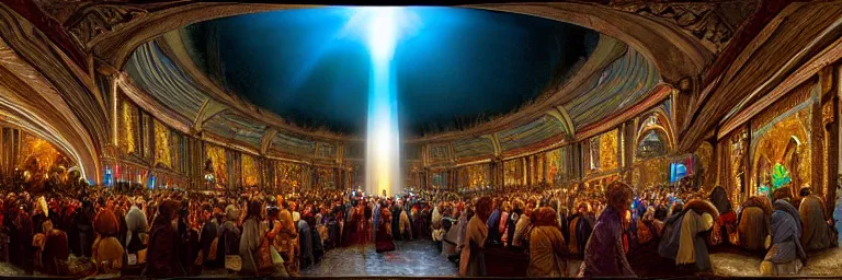 Prompt: a crowd of worshipers praying to a portal to heaven, by James Gurney, luminous lighting, cinematic, panoramic, aspect ratio 1:3