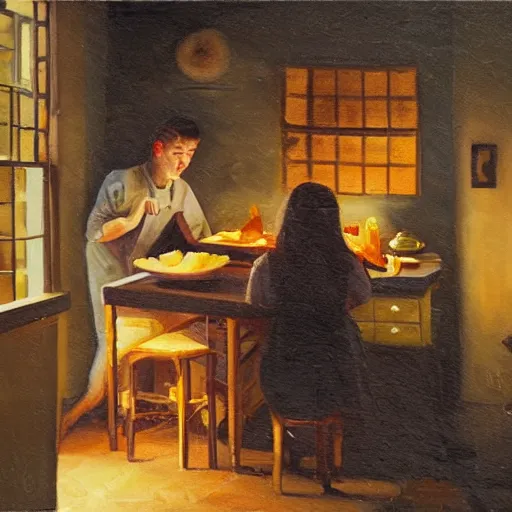 Image similar to oil painting of one young man and one young woman baking waffles in romantic light