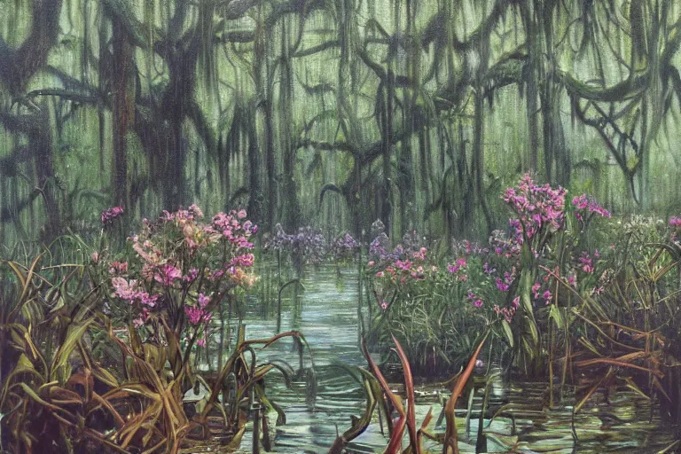 Image similar to hyperrealism oil painting, scene from louisiana swamps, spaceship sank, spring blooming flowers garden, true detective, 8 0 s japanese sci - fi books art