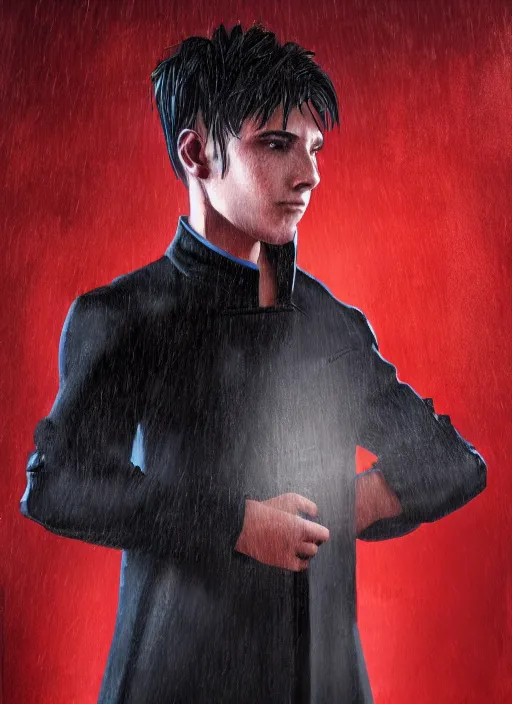 Prompt: An epic fantasy comic book style portrait painting of a young man with black cowlick haircut, wearing black overcoat, red clothes, blue jeans. Unreal 5, DAZ, hyperrealistic, octane render, cosplay, RPG portrait, dynamic lighting