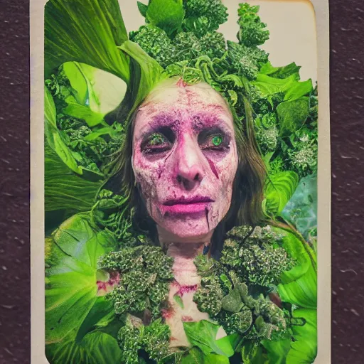 Image similar to a beautiful detailed front view portrait of a rotten woman corpse with fractal plants and fractal flowers growing around, volumetric light, beautiful lit, polaroid photography