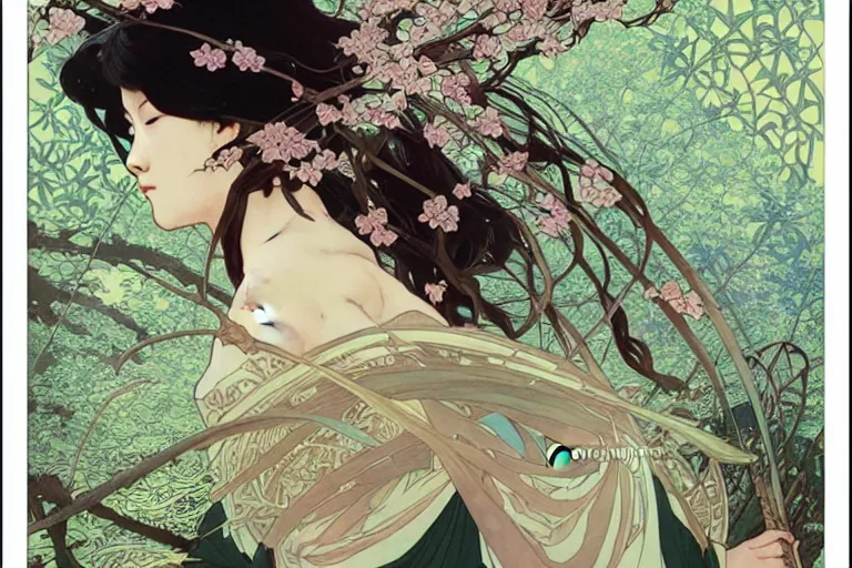 Image similar to beautiful cinematic fantasy poster, asian woman side view using a bokken in forest ; intricate complexity, by shigenori soejima, krenz cushart, alphonse mucha, takato yamamoto, conrad roset, 4 k, beautiful, high quality - h 9 6 0