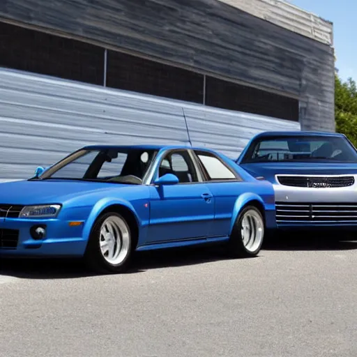 Prompt: A mix of Denim Blue Audi A4 B6 Avant (2002) and a Chevrolet Camaro (1969), wider shot