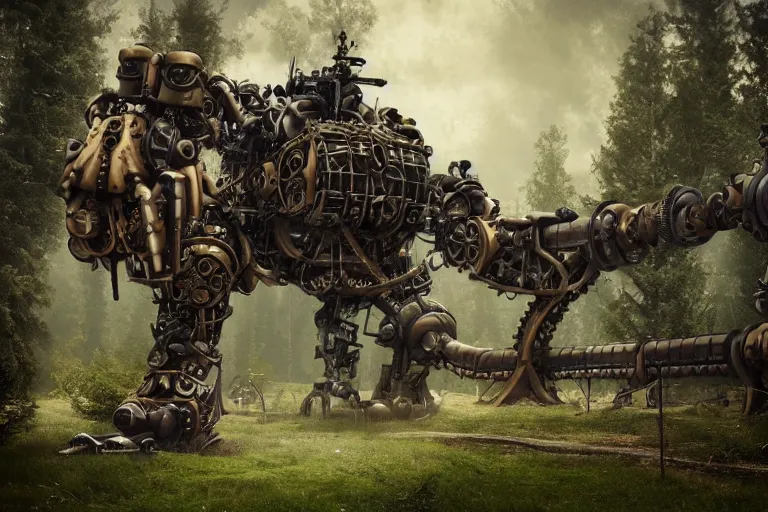 Image similar to steampunk colossal mech fortress travels across a swedish forest very low angle photograph trending on artstation