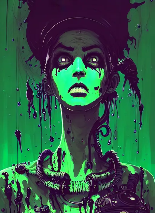 Image similar to highly detailed portrait of an angry wasteland punk long dripping green poison hair tribal zombie lady, stray wiring by atey ghailan, james gilleard, by joe fenton, by greg rutkowski, by greg tocchini, by kaethe butcher, 4 k resolution, gradient purple, brown black and white color scheme!!! ( ( green flaming robotic sewer background ) )