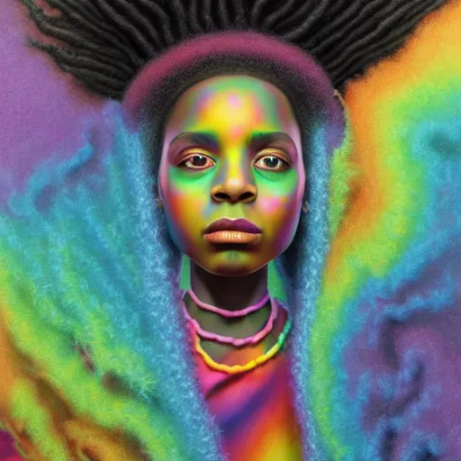 Image similar to a wide angle shot of a black girl with colorful dreadlocks in a field of candy, by Adi granov and afarin sajedi and amanda sage and evgeni gordiets and Agostino Arrivabene and adonna khare in a psychedelic portrait style, ultrarealistic matte painting, volumetric lighting, fractal, extremely symmetrical, highly detailed face, orisha, 8k, hd