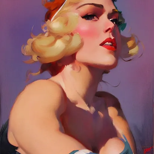 Prompt: greg manchess portrait painting of beauty 1 9 2 0's pinup as overwatch's characters, medium shot, asymmetrical, profile picture, organic painting, sunny day, matte painting, bold shapes, hard edges, street art, trending on artstation, by huang guangjian and gil elvgren and sachin teng