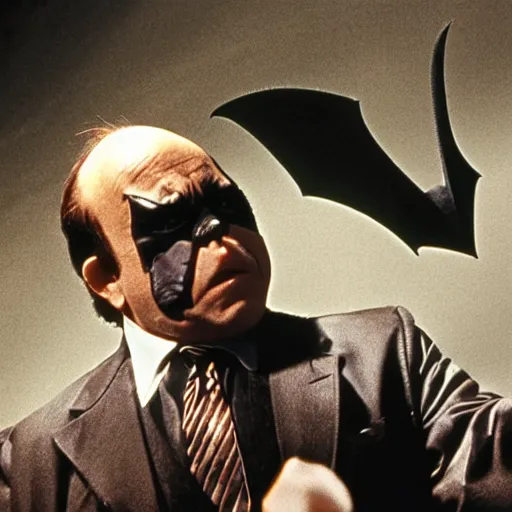 Image similar to A movie still of Danny Devito as Batman in The Dark Knight