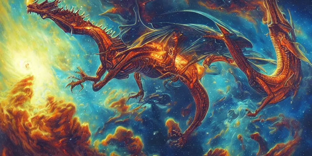 Prompt: alien dragon flying through outer space, epic nebula, dan seagrave art