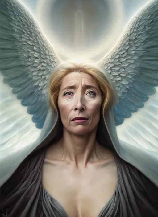 Prompt: emma thompson as an angel with cloak, aesthetic, fine art, intricate, elegant, highly detailed, realistic hair, centered, digital painting, art station, conceptual art, soft, sharp focus, illustration, artwork, artgerm, tomasz alen kopera, peter mohrbacher, donato giancola, wlop, boris vallejo