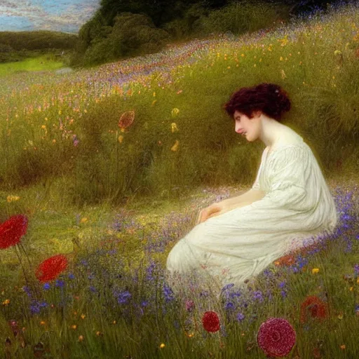 Prompt: a young woman in a flowing white gown sits on a rainbow stone among a wildflower meadow at dawn, in the style of alma tadema, iridescent, diffraction, holographic