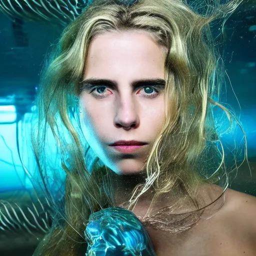 Prompt: beautiful extreme closeup portrait photo in style of frontiers in human deep diving helmet science fashion magazine retrofuturism underwater brit marling edition, highly detailed, focus on face, soft lighting