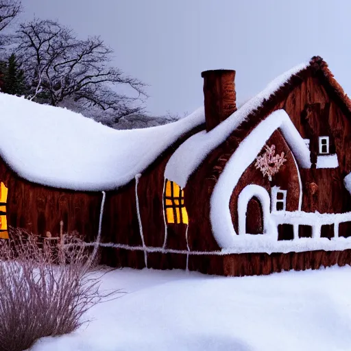 Image similar to house made out of snow built inside a chocolate world, scenic view, high quality photo, 4k