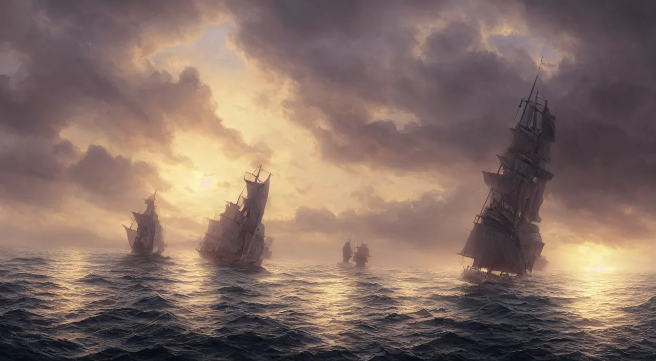 Image similar to hyper realistic detailed matte painting of one fregata ship sailing towards the rising sun, beautiful calm weather, calm foggy ocean, sunset lighting, hyperdetailed unreal engine 8 k ultra hd, stanley artgerm lau, rossdraws, james jean marc simonetti ruan jia and mandy jurgens and artgerm and william illustration, digital art, concept art