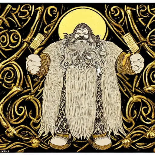 Prompt: a dwarven king he was on carven throne, in many - pillared halls of stone, with golden roof and silver floor, and runes of power upon the door, the light of sun and star and moon in shining lamps of crystal hewn, fantasy, intricate detail