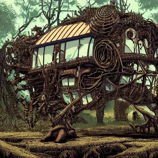 Prompt: in the style of ghostshrimp and deathburger and laurie greasley a giant decaying robot head in a forest that has been turned into a quaint house, highly detailed, 8k wallpaper