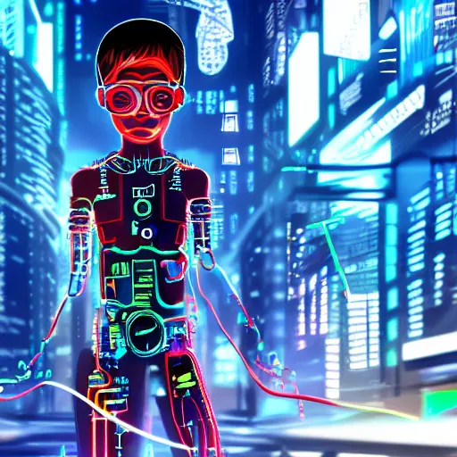 Prompt: a cyborg child with wires and tubes in their face, neon city in the background, cyberpunk digital art,