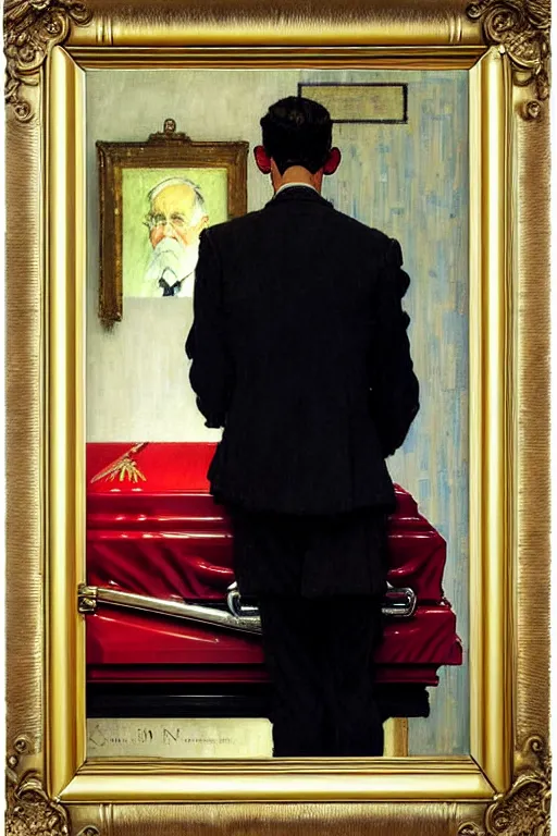 Image similar to a sad man mourning over a casket by sydney prior hall and alfred stevens and sherree valentine daines and norman rockwell, casket, highly detailed, deep shadows, accurate face, hyperrealism