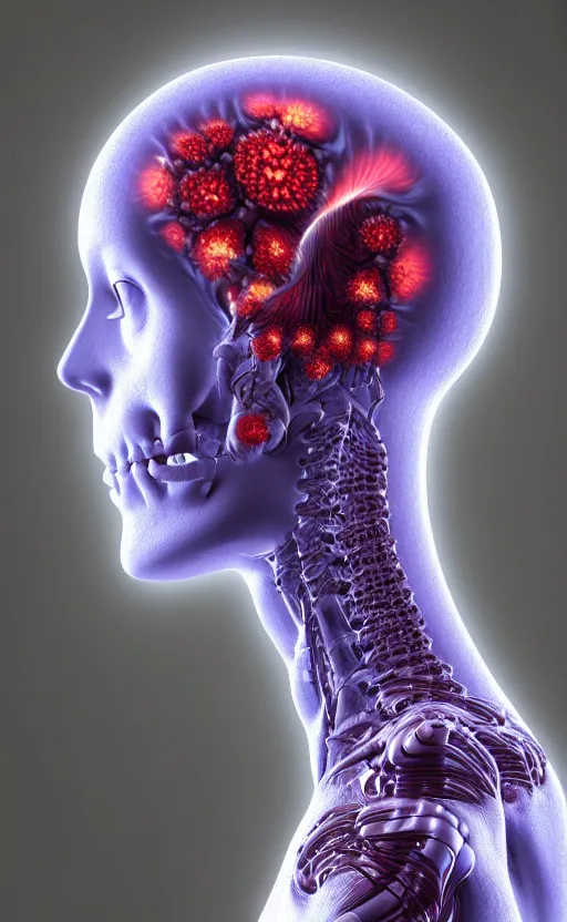 Prompt: 3D render of a beautiful profile face portrait of a female cyborg, 150 mm, flowers, Mandelbrot fractal, anatomical, flesh, facial muscles, wires, microchip, veins, arteries, full frame, microscopic, elegant, highly detailed, flesh ornate, elegant, high fashion, rim light, octane render in the style of H.R. Giger