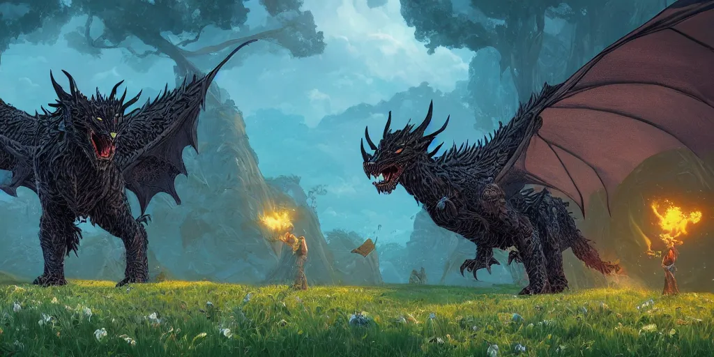 Image similar to The guardian of the meadow, a terrible black dragon, mattepainting concept Blizzard pixar maya engine on stylized background splash comics global illumination lighting artstation by Feng Zhu and Loish and Laurie Greasley, Victo Ngai, Andreas Rocha, John Harris