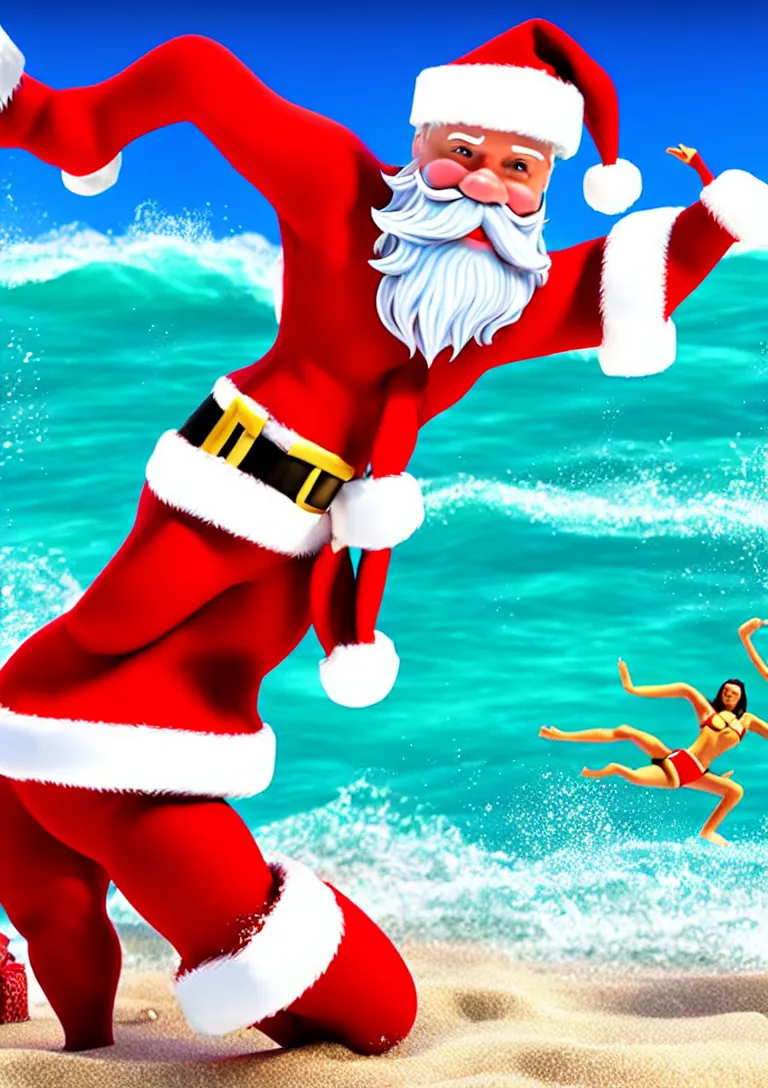 Prompt: santa claus wearing swim suit surfing on the beach, 3d rendering of photo realistic image, super detailed, 4K,cinematic look
