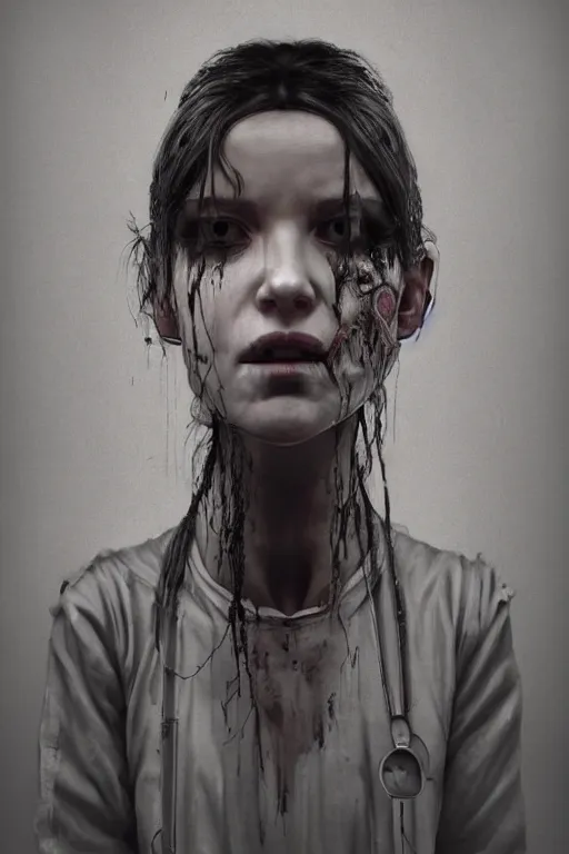 Prompt: grunge portrait of a creepy nurse girl wearing a straight jacket in a mental asylum, intricate artwork, nightmare fuel, terrifying, by beeple, zdzisław Beksiński, dan mumford , trending on artstation, greg rutkowski very coherent artwork. cinematic, hyper realism, high detail, octane render, 8k